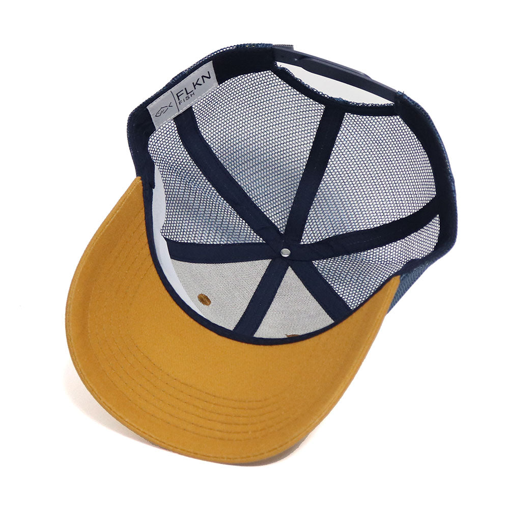 LEATHER PATCH TROUT TRUCKERS CAP-MUSTARD/NAVY