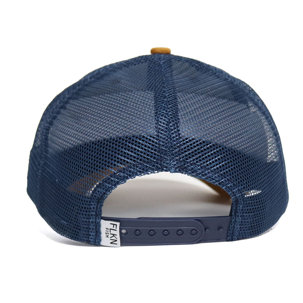 LEATHER PATCH TROUT TRUCKERS CAP-MUSTARD/NAVY