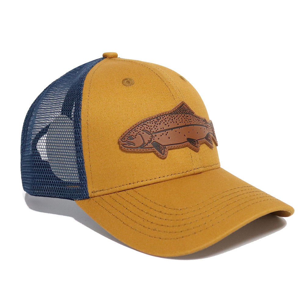 LEATHER PATCH TROUT TRUCKERS CAP-MUSTARD/NAVY
