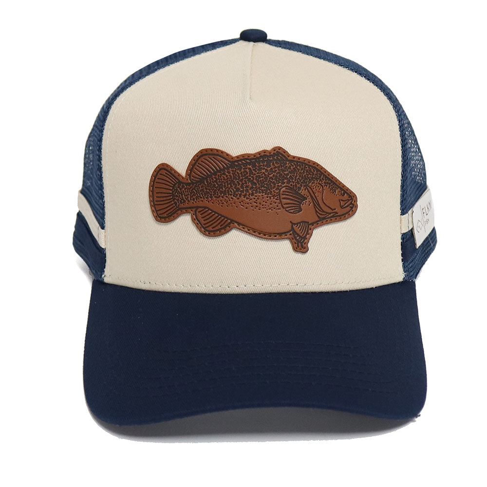 LEATHER PATCH MURRAY COD TRUCKERS CAP-NAVY/CREAM