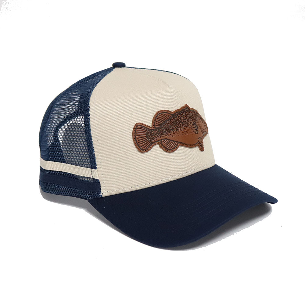 LEATHER PATCH MURRAY COD TRUCKERS CAP-NAVY/CREAM