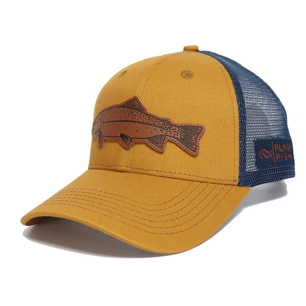 LEATHER PATCH TROUT TRUCKERS CAP-MUSTARD/NAVY