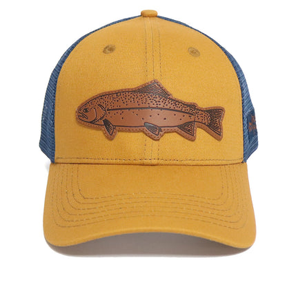 LEATHER PATCH TROUT TRUCKERS CAP-MUSTARD/NAVY