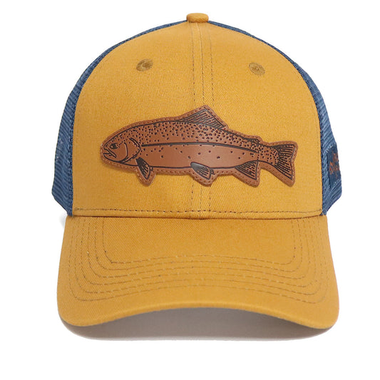 LEATHER PATCH TROUT TRUCKERS CAP-MUSTARD/NAVY