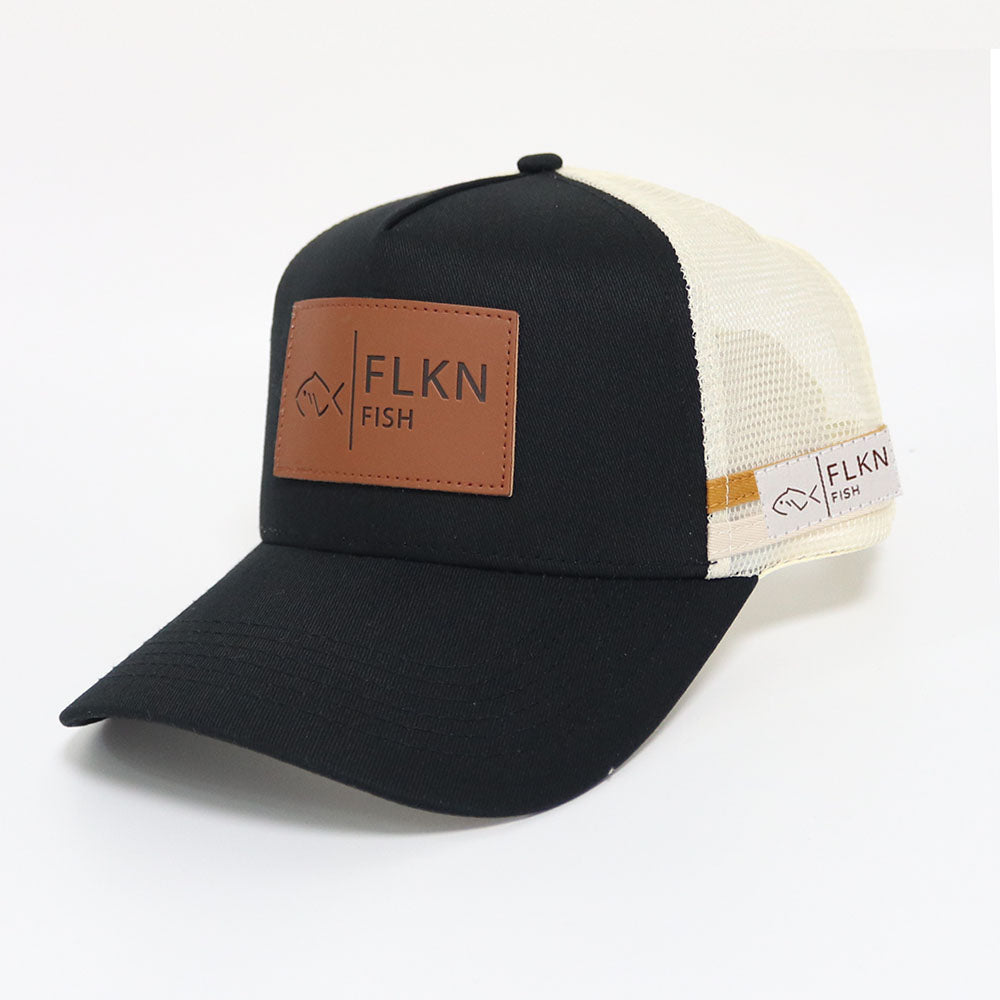 LEATHER PATCH FLKN TRUCKERS CAP -BLACK/CREAM