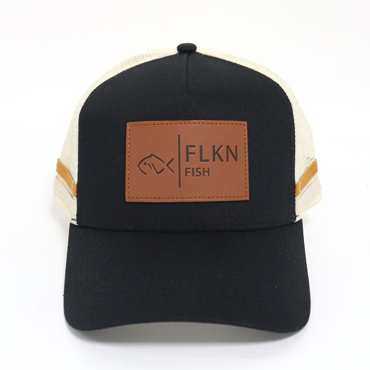 LEATHER PATCH FLKN TRUCKERS CAP -BLACK/CREAM