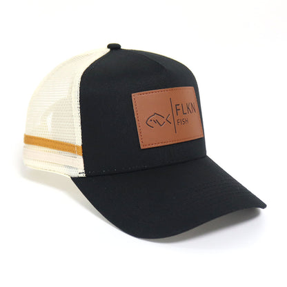 LEATHER PATCH FLKN TRUCKERS CAP -BLACK/CREAM